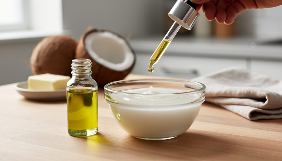 Overhead view of cannabis oil being mixed with coconut oil in glass bowl on kitchen counter