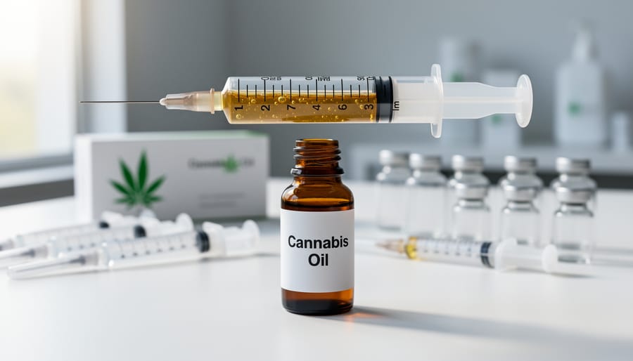 Medical syringe with measurement markings containing amber cannabis oil next to dropper bottle