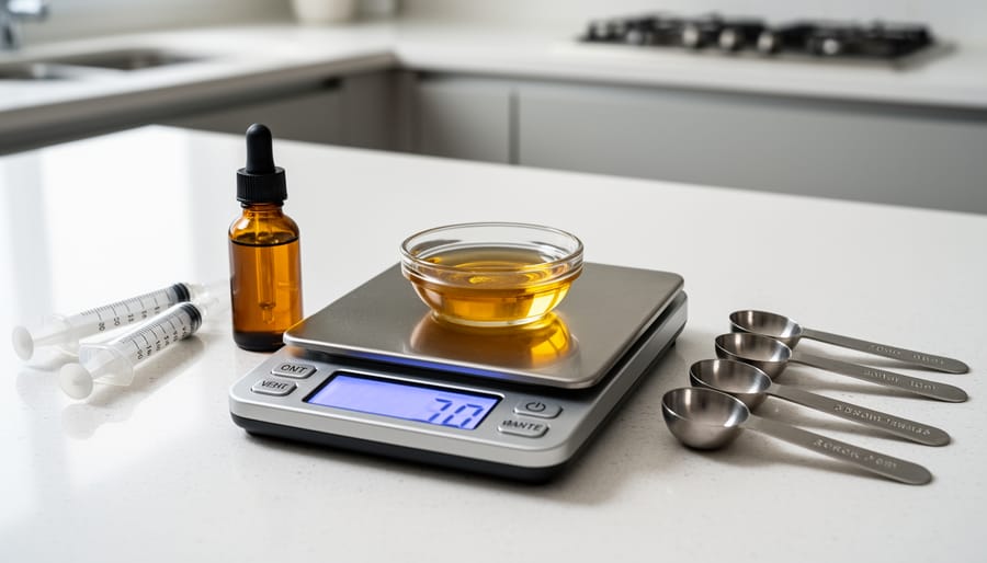 Digital scale with cannabis oil bottle, syringe, and empty capsules on gray surface