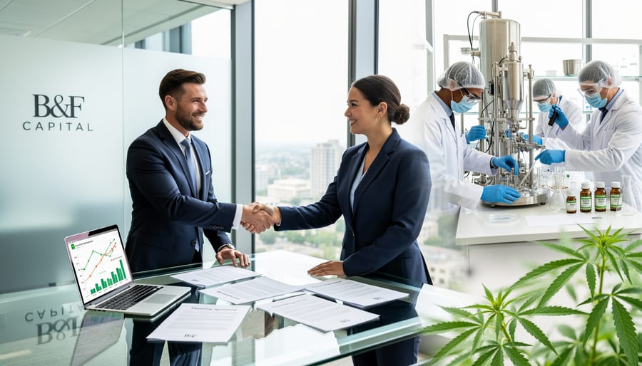 Business professionals collaborating on financial documents in modern office setting