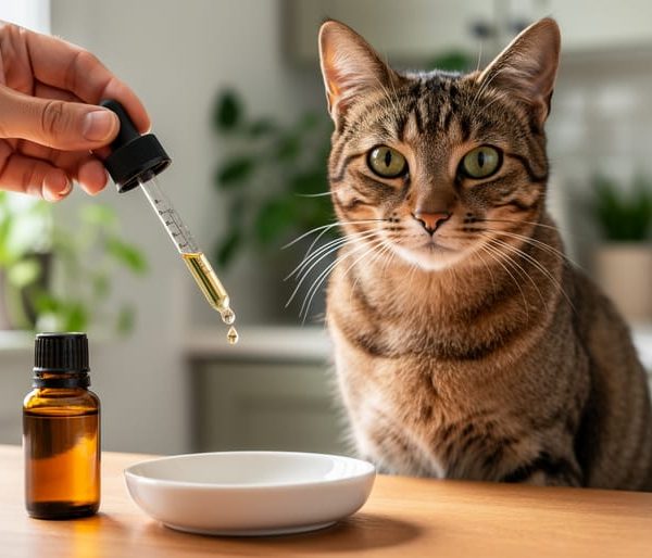 Calm tabby cat next to an amber oil bottle while a hand measures liquid with a dropper over a small dish on a wooden table, with a softly blurred sunlit kitchen in the background.