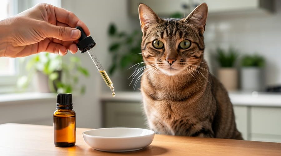 Calm tabby cat next to an amber oil bottle while a hand measures liquid with a dropper over a small dish on a wooden table, with a softly blurred sunlit kitchen in the background.