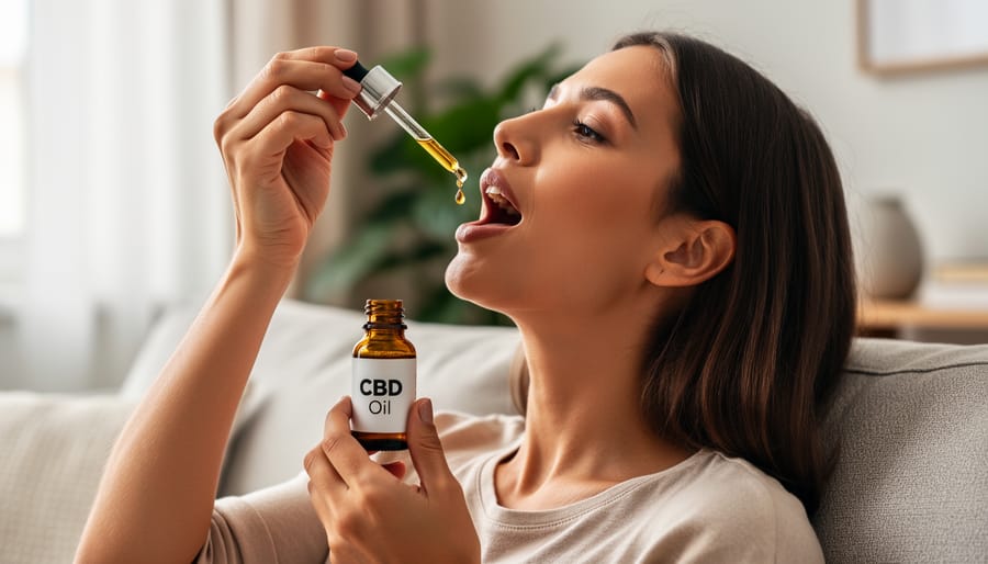 Veterinarian administering CBD oil to calm orange tabby cat on examination table