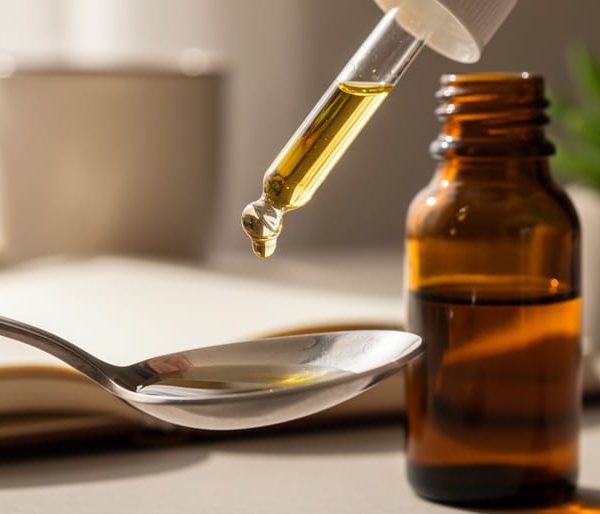 Close-up 45-degree view of a glass dropper releasing a single golden drop of CBD oil toward a stainless teaspoon next to an unlabeled amber tincture bottle, with a blurred journal, mug, and small plant in soft natural light.