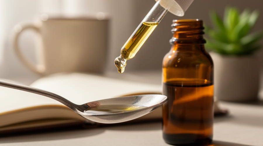 Close-up 45-degree view of a glass dropper releasing a single golden drop of CBD oil toward a stainless teaspoon next to an unlabeled amber tincture bottle, with a blurred journal, mug, and small plant in soft natural light.