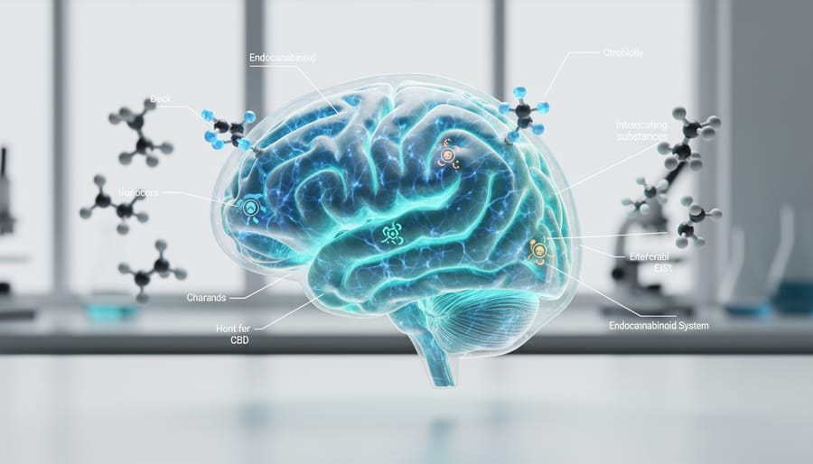 Brain model with neural pathways next to CBD oil bottle showing scientific connection