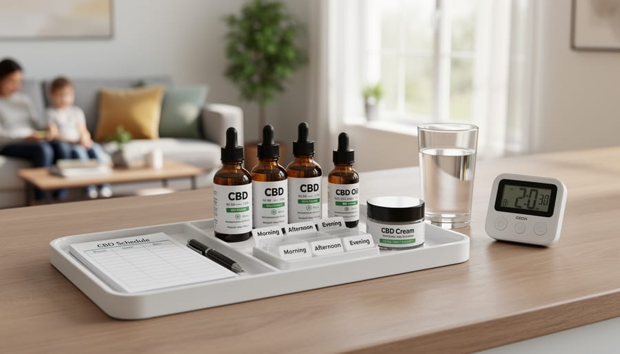 Organized shelf with CBD products and care supplies in home setting