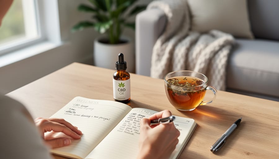 Person tracking CBD usage and effects in wellness journal beside CBD products