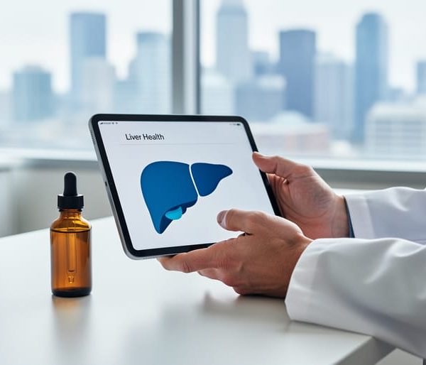 Doctor’s hands hold a tablet with a stylized liver graphic next to an unlabeled amber CBD dropper bottle on a white clinic desk, softly lit with a blurred clinic interior and subtle Canadian skyline in the background.