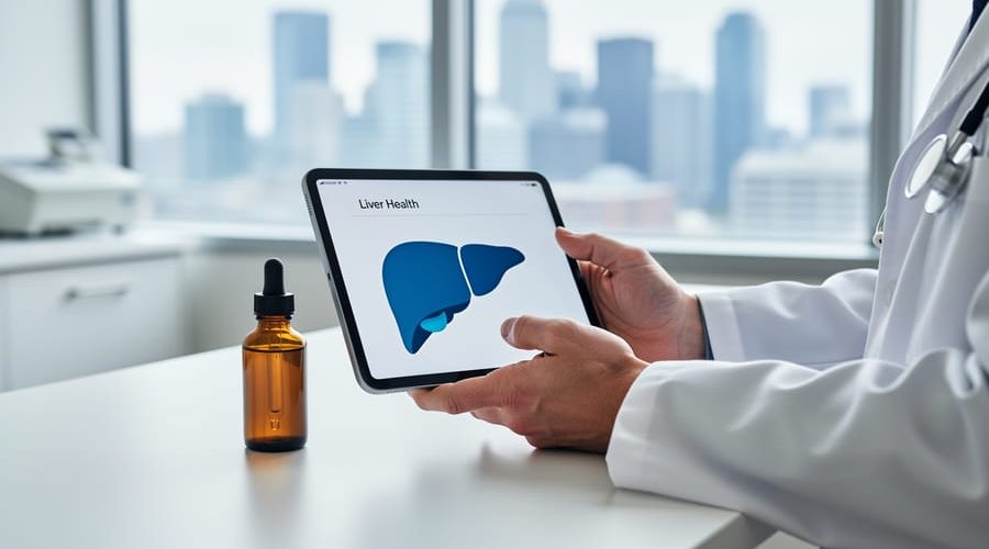 Doctor’s hands hold a tablet with a stylized liver graphic next to an unlabeled amber CBD dropper bottle on a white clinic desk, softly lit with a blurred clinic interior and subtle Canadian skyline in the background.