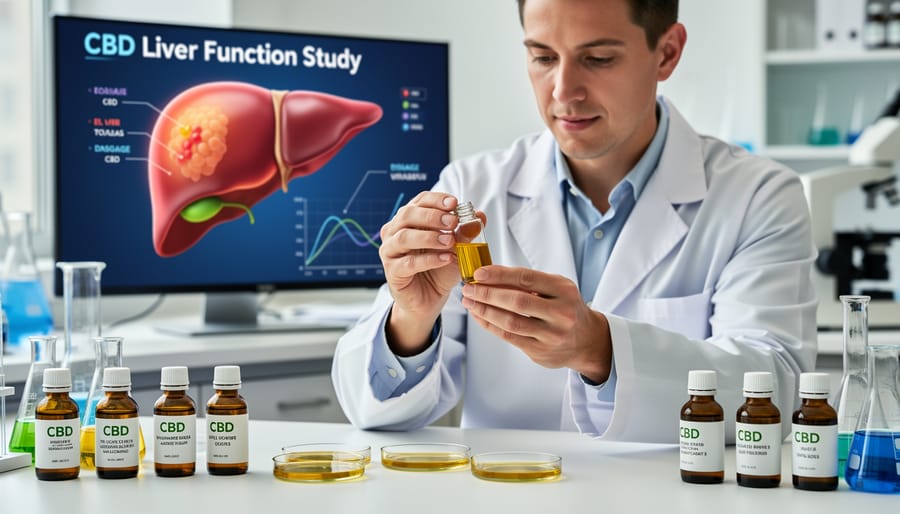 Researcher examining CBD oil bottle in pharmaceutical laboratory setting