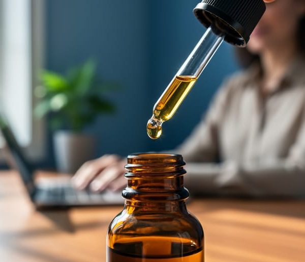 Close-up of a dropper releasing golden CBD oil into an unlabeled amber bottle on a home office desk, with a relaxed adult professional blurred in the background under soft natural window light.