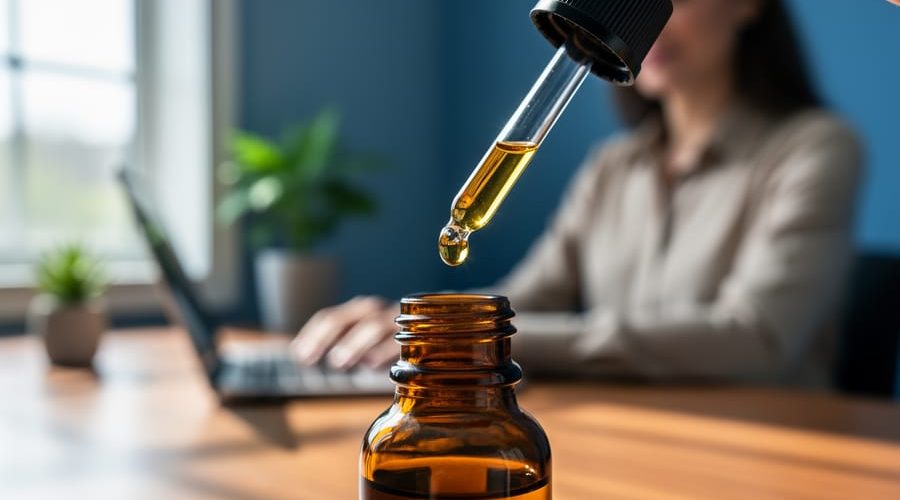 Close-up of a dropper releasing golden CBD oil into an unlabeled amber bottle on a home office desk, with a relaxed adult professional blurred in the background under soft natural window light.