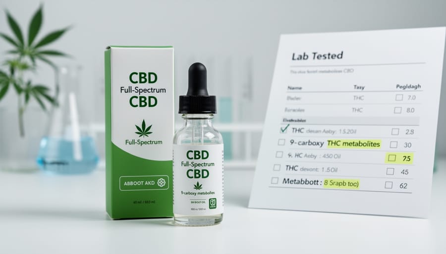 Hands holding CBD oil bottle with cannabis leaves on wooden surface