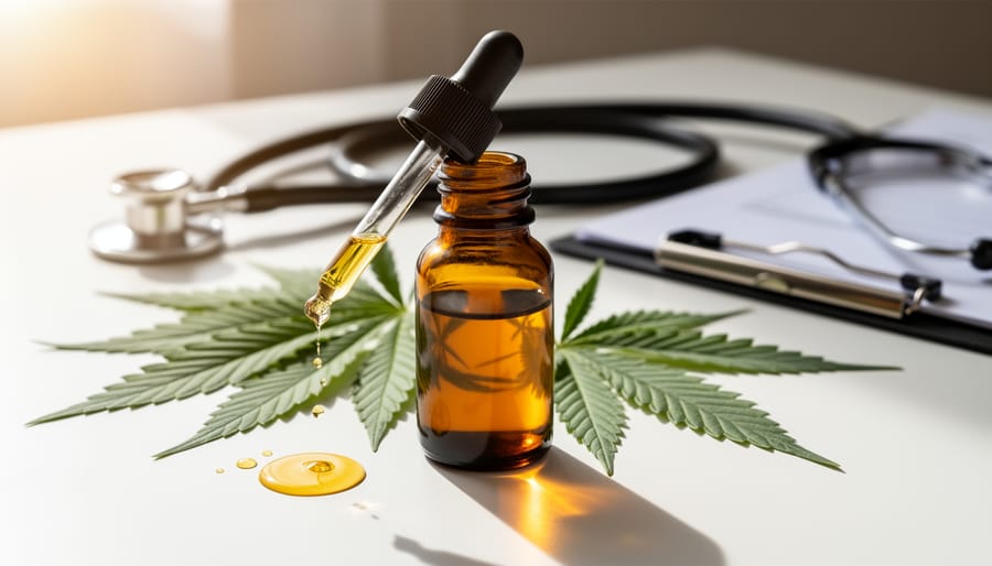 Hand holding CBD oil dropper bottle with hemp leaves on wooden surface