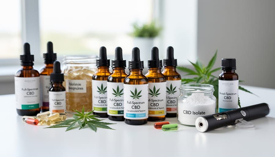 Variety of CBD product types including full-spectrum oil, isolate, and capsules