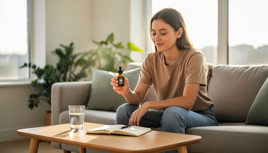Woman peacefully using CBD oil in calm home wellness setting