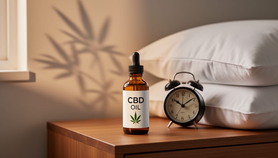 CBD oil bottle with hemp leaves on white bedding representing natural sleep alternatives