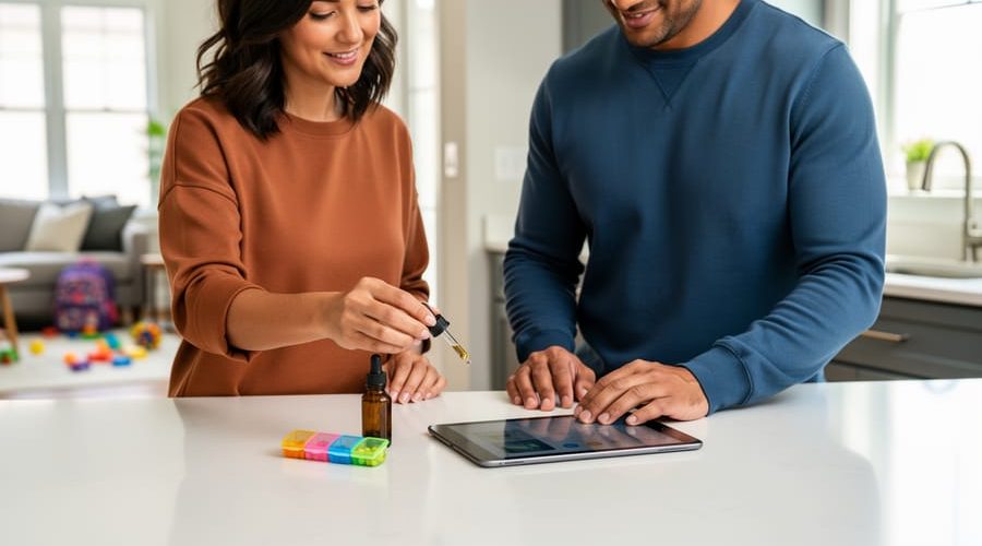 Two parents at a kitchen counter exchange an unlabeled amber dropper bottle and check a tablet together, with a child’s toys and backpack softly blurred in the background.