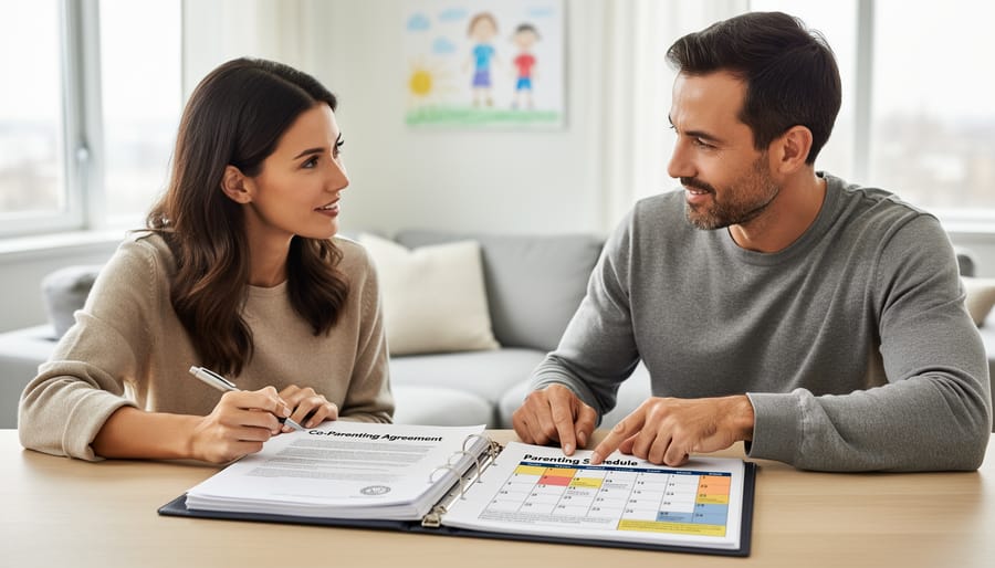 Two parents sitting together at kitchen table discussing co-parenting documentation