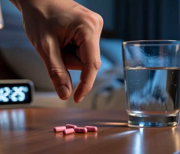 Close-up of a hand hovering over pink capsules on a nightstand beside a water glass, with a softly lit bedroom, rumpled bed, and indistinct glowing clock blurred in the background.