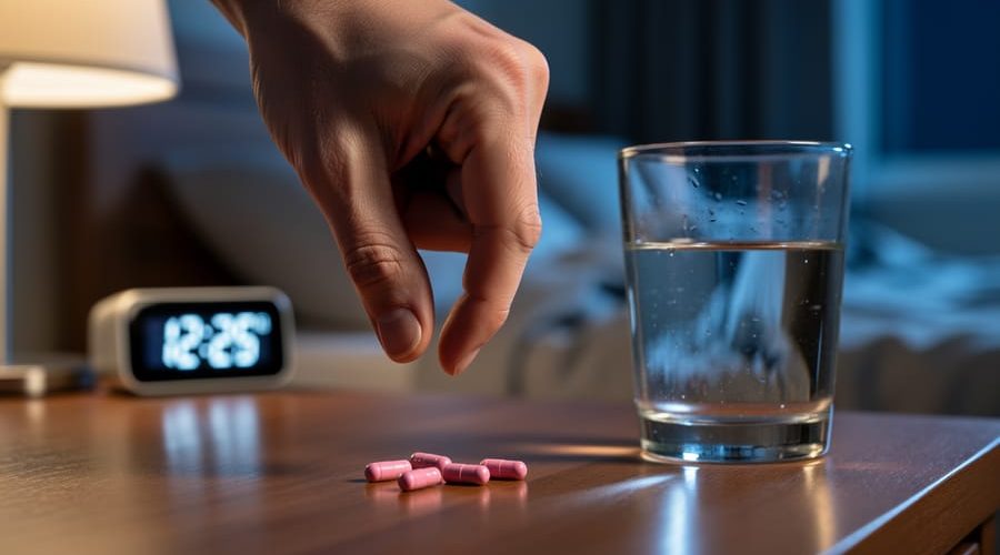 Close-up of a hand hovering over pink capsules on a nightstand beside a water glass, with a softly lit bedroom, rumpled bed, and indistinct glowing clock blurred in the background.