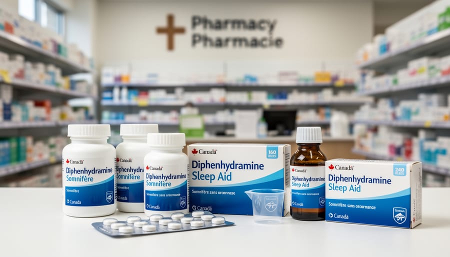 Close-up of diphenhydramine sleep aid pills and capsules with prescription bottle