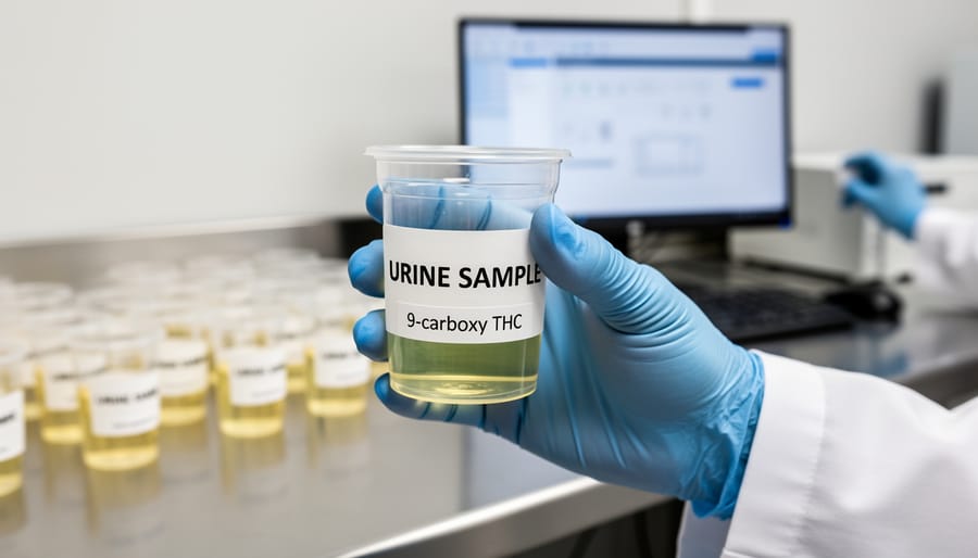 Medical professional holding urine sample cup for drug testing