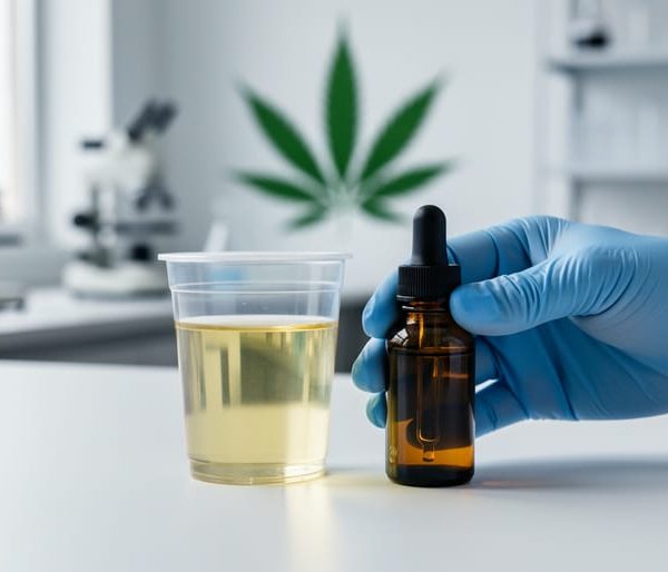 Gloved hand holding a clear urine specimen cup beside an amber CBD oil dropper bottle on a white laboratory bench, with blurred equipment and a subtle cannabis leaf in the background, no visible labels.