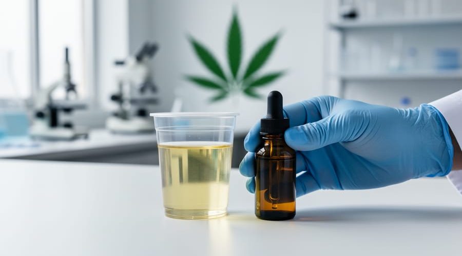 Gloved hand holding a clear urine specimen cup beside an amber CBD oil dropper bottle on a white laboratory bench, with blurred equipment and a subtle cannabis leaf in the background, no visible labels.