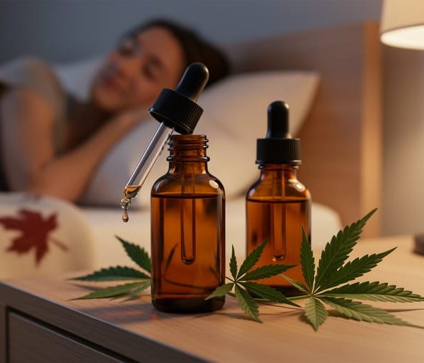 Unlabeled amber dropper bottles beside hemp leaves on a wooden bedside table, a droplet catching warm lamplight, with a softly blurred relaxed person and maple-leaf patterned throw in the background.