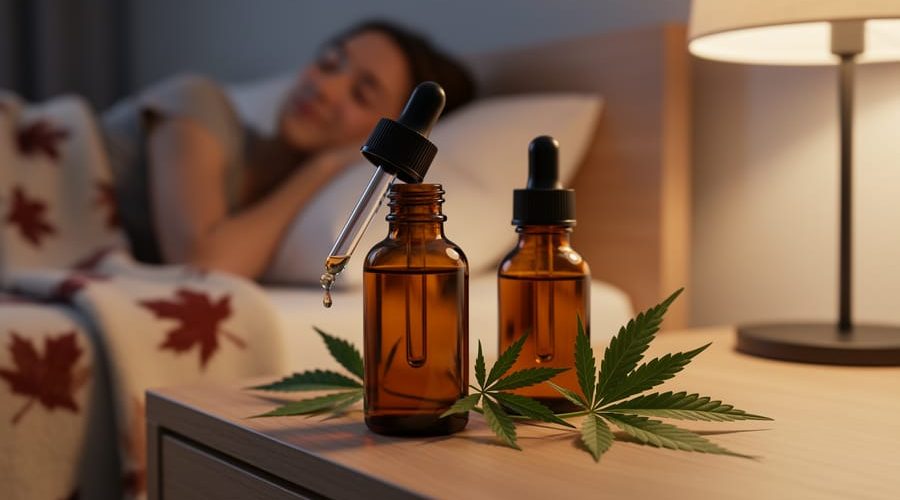 Unlabeled amber dropper bottles beside hemp leaves on a wooden bedside table, a droplet catching warm lamplight, with a softly blurred relaxed person and maple-leaf patterned throw in the background.