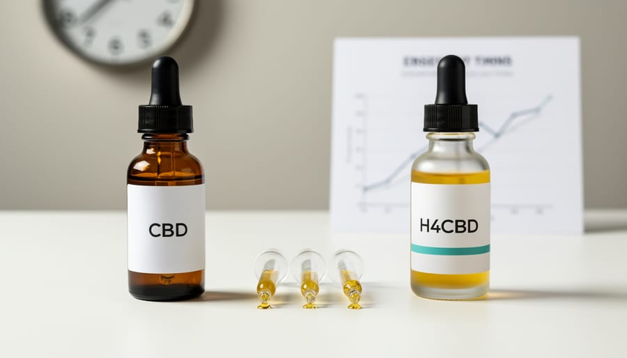 Two CBD product bottles displayed side by side with hemp plant material