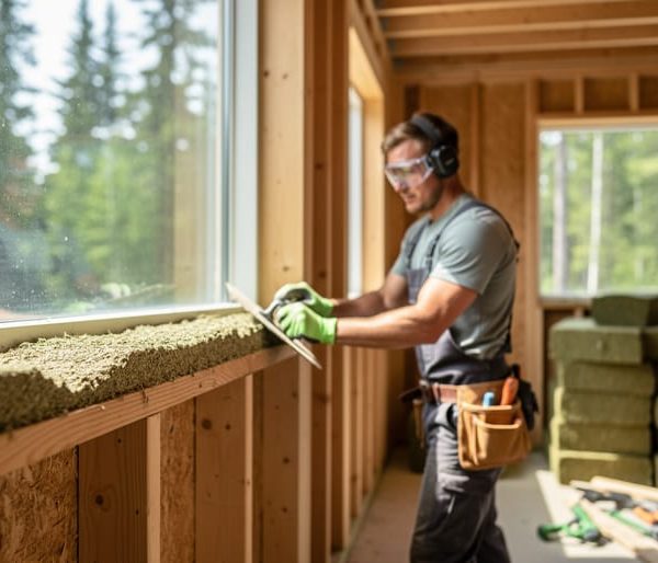 Builder applying hempcrete to a timber-framed wall inside a modern home renovation, with stacked hemp fiber insulation nearby and a pine forest visible through the window.