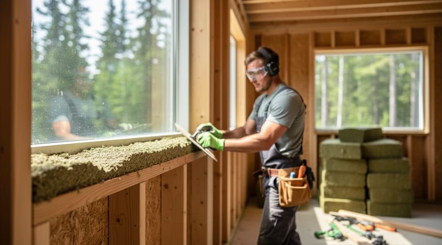 Builder applying hempcrete to a timber-framed wall inside a modern home renovation, with stacked hemp fiber insulation nearby and a pine forest visible through the window.
