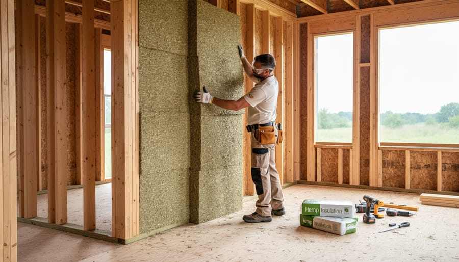 Construction worker installing hemp fiber insulation in wooden wall frame