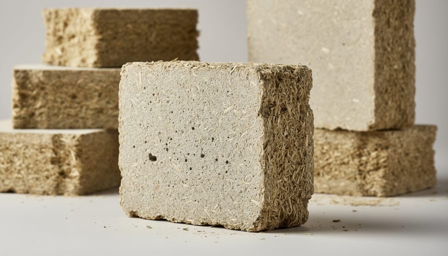 Close-up of hempcrete building blocks showing natural hemp and lime composite texture