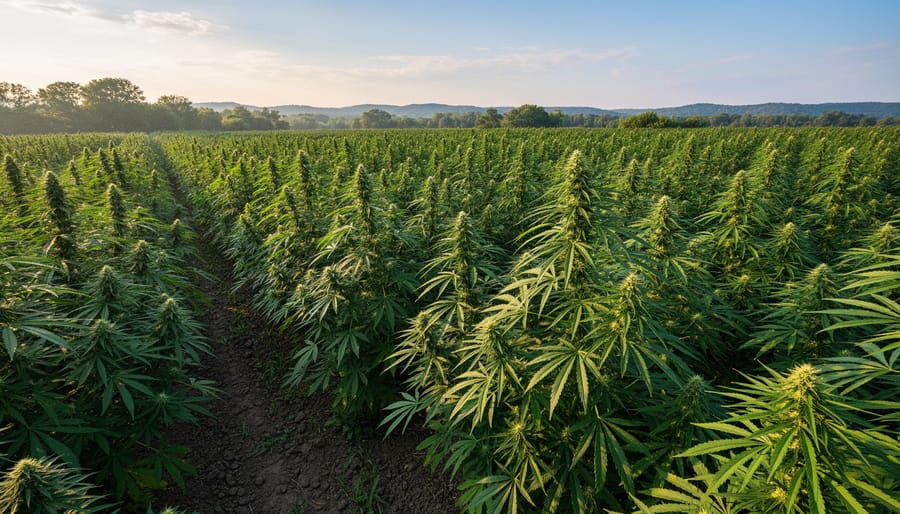 Industrial hemp plants growing in agricultural field showing tall stalks and dense foliage