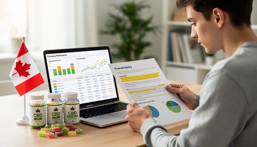 Woman researching and reading CBD product labels at home