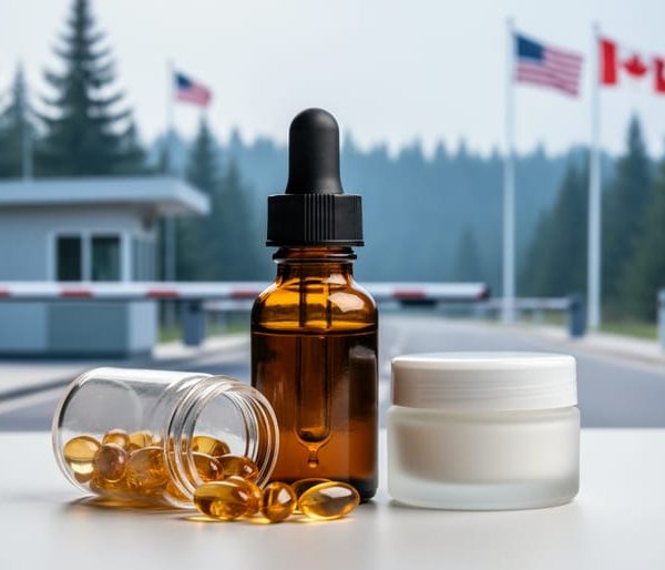 Close-up of label-free medical cannabis tincture bottle, capsules, and a topical jar on a clean table, with a blurred border checkpoint and faint US and Canadian flags in the background.