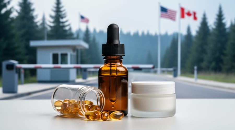 Close-up of label-free medical cannabis tincture bottle, capsules, and a topical jar on a clean table, with a blurred border checkpoint and faint US and Canadian flags in the background.
