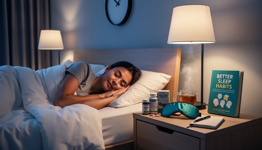 Woman sleeping peacefully in comfortable bed with natural morning light