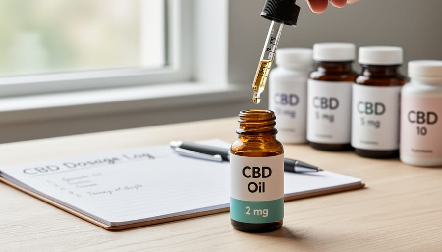 Glass dropper dispensing CBD oil drop into measuring spoon showing precise dosing