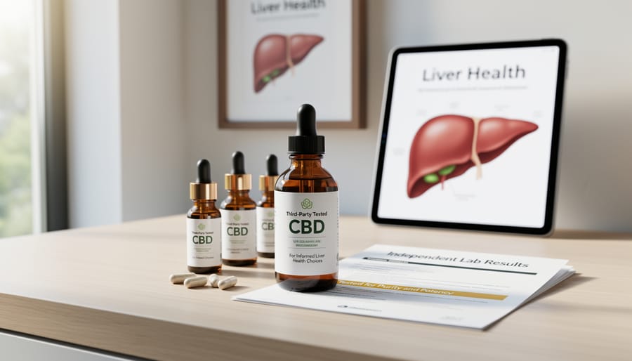 Premium CBD oil bottle with hemp leaves and quality testing documentation