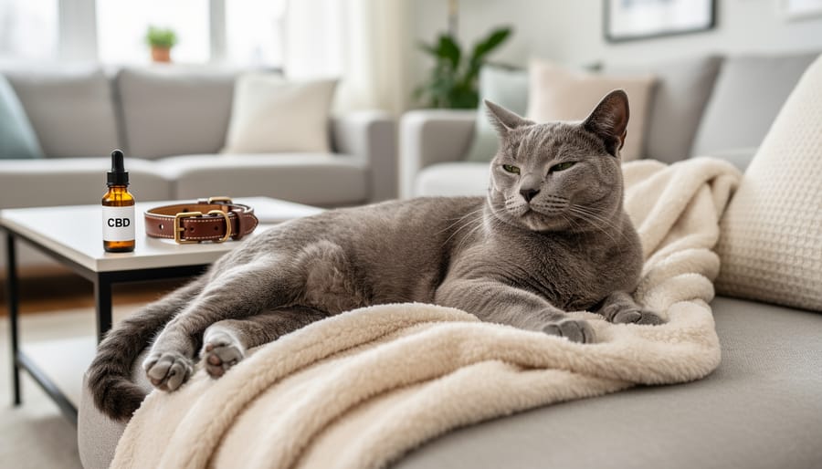 Peaceful gray cat resting comfortably showing signs of wellness