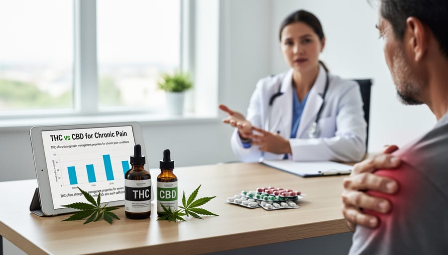 Cannabis flower buds and laboratory glassware representing THC research for pain management
