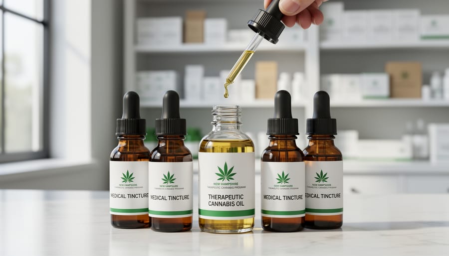 Medical cannabis oil tincture bottles with droppers on clinical surface