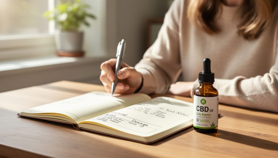 Close view of hands writing in a notebook next to a small amber bottle and pen