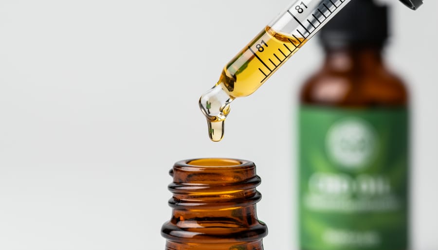 Dropper bottle with a visible drop forming above the glass opening on a countertop