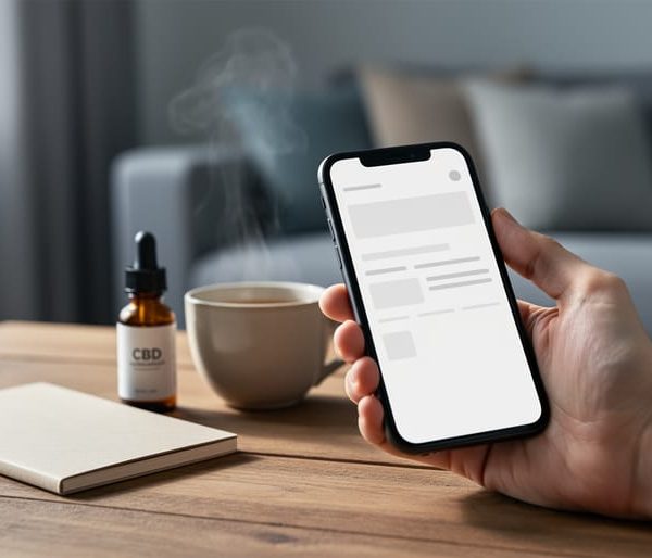 Close-up of a hand holding a smartphone for daily tracking beside a notebook, with a CBD dropper bottle and tea on a wooden desk in soft natural light.